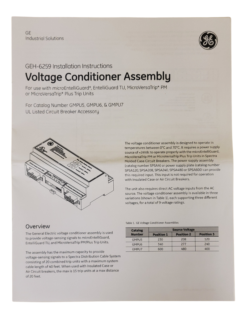 GE Voltage Conditioner GMPU5 120V, 208V & 230V EntelliGuard MicroVersaTrip Plus