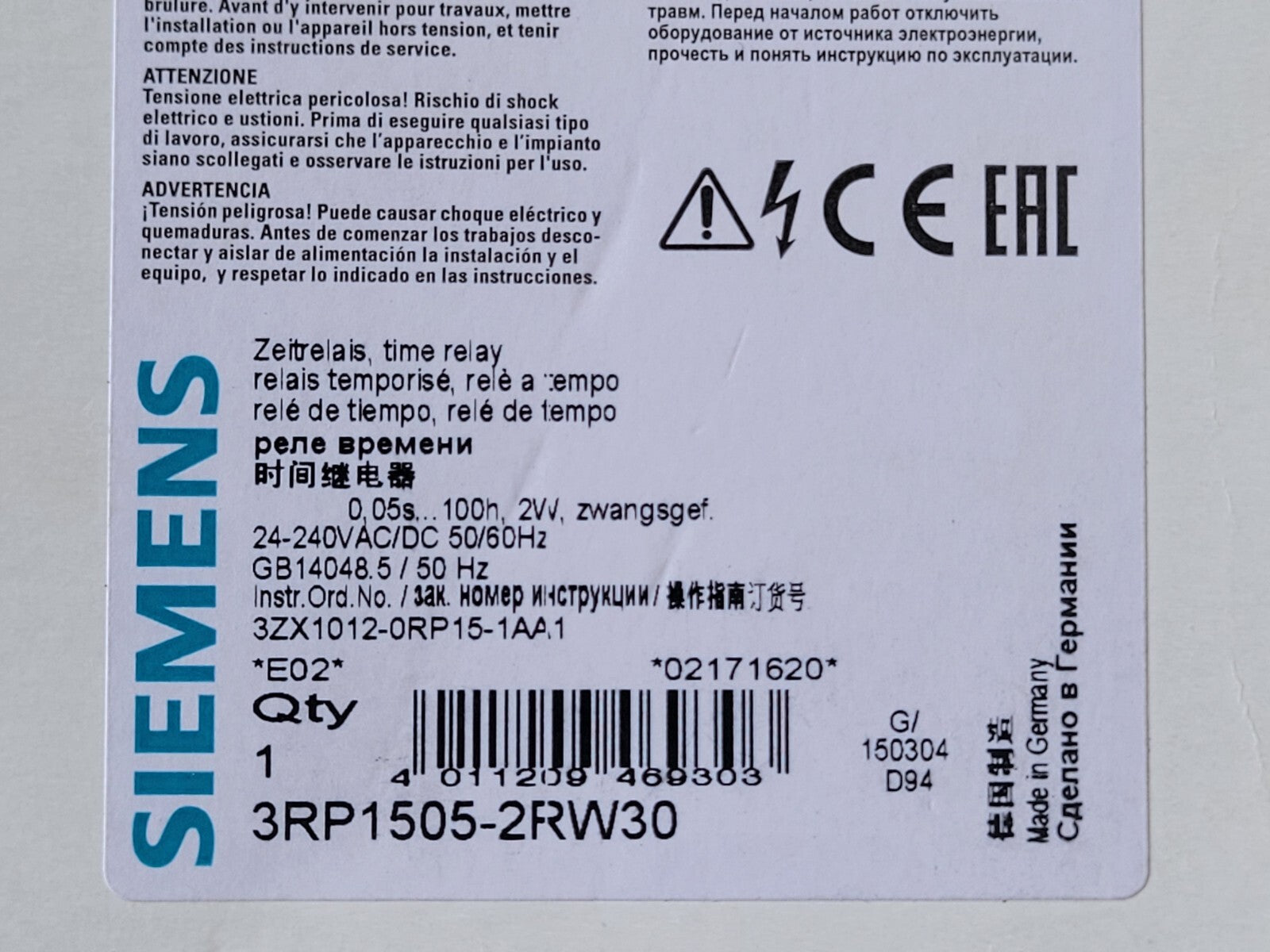 Siemens time relay label with text and certification logos on a white background