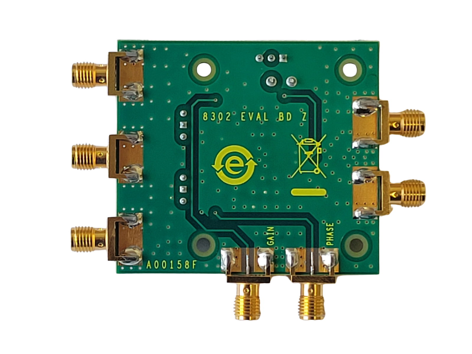 Electronic circuit board with gold connectors on a white background