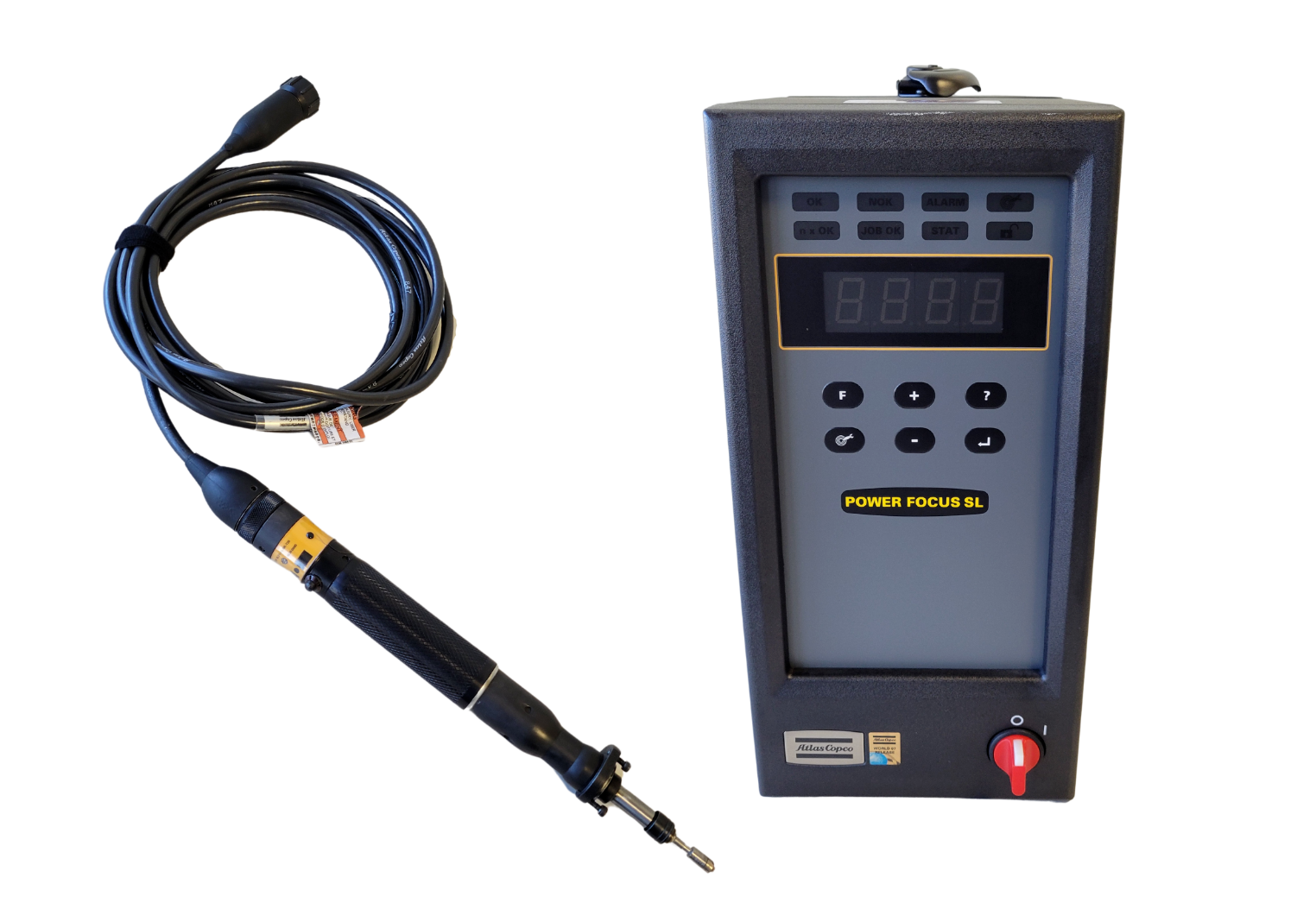 Electrical measurement device with digital display and cable on a white background