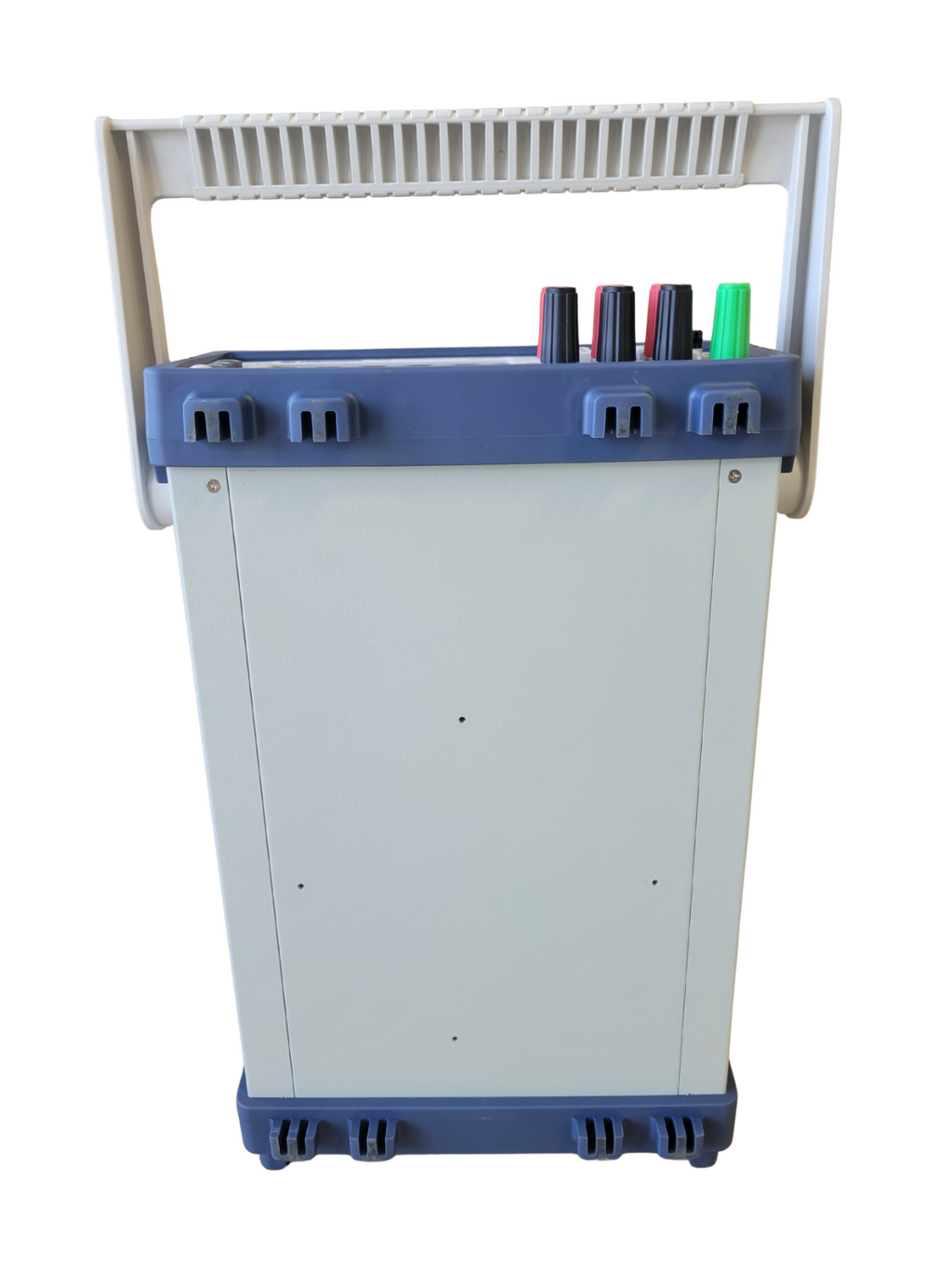 Whiteboard with blue base and holder for markers on a white background