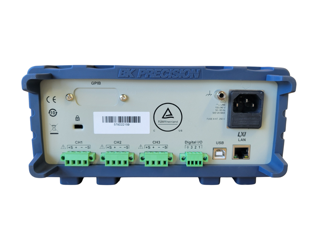 Back view of a blue electronic device with various ports and labels on a white background