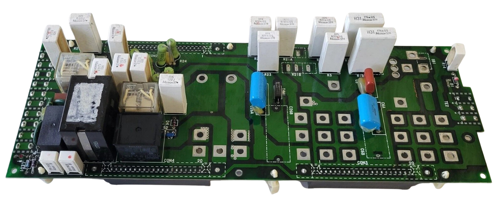 Electronic circuit board with various components on a white background