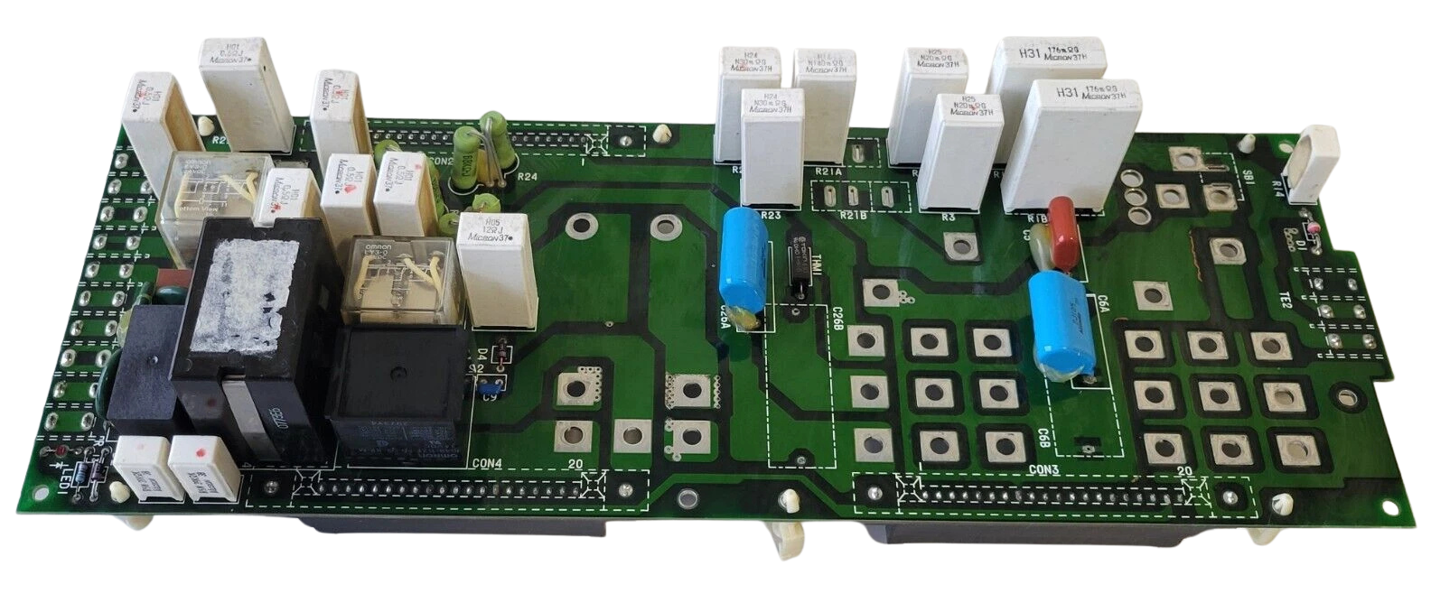 Electronic circuit board with various components on a white background