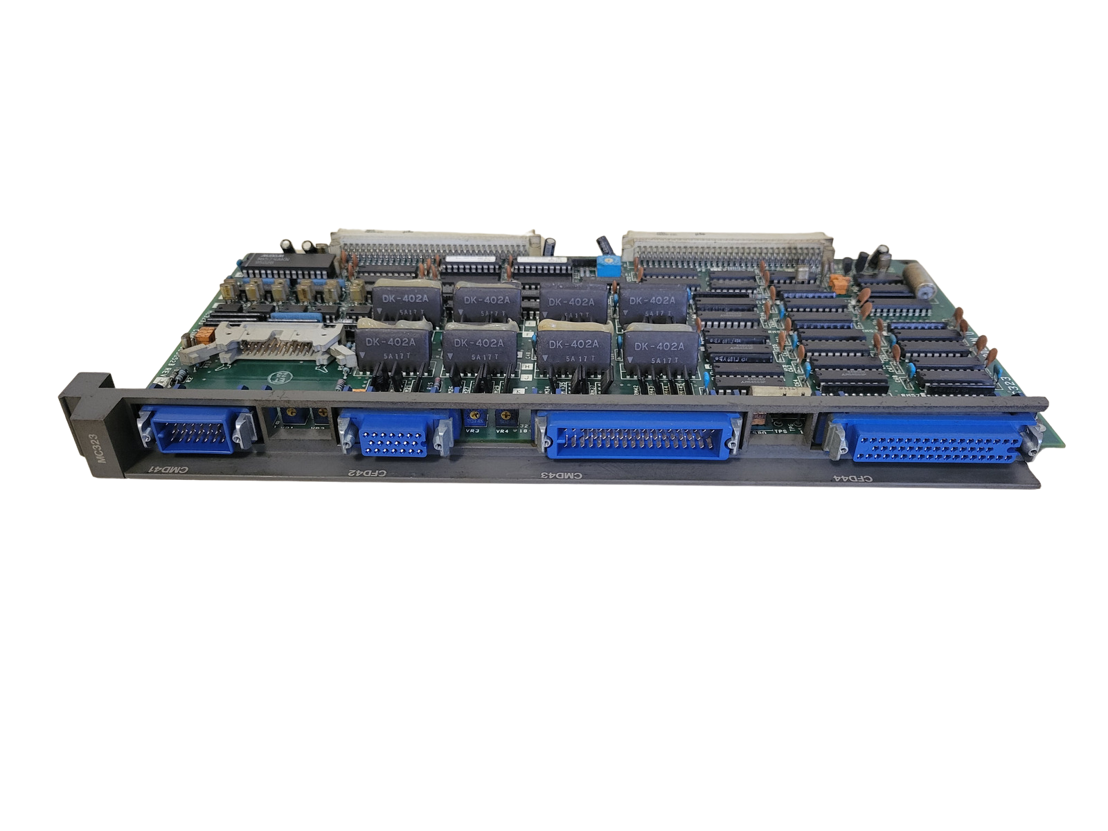 Computer motherboard with multiple blue connectors on a white background