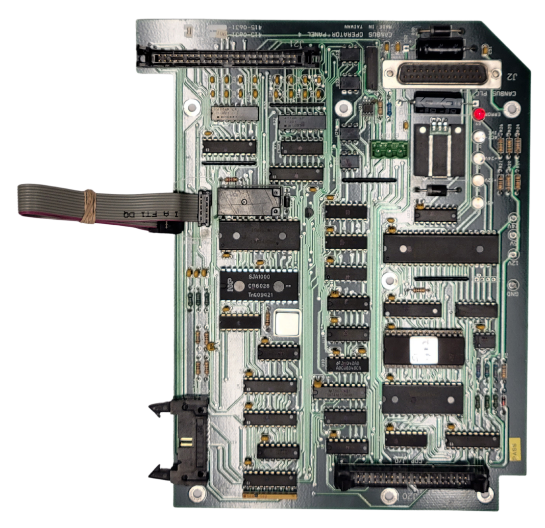 Electronic circuit board with various components on a white background