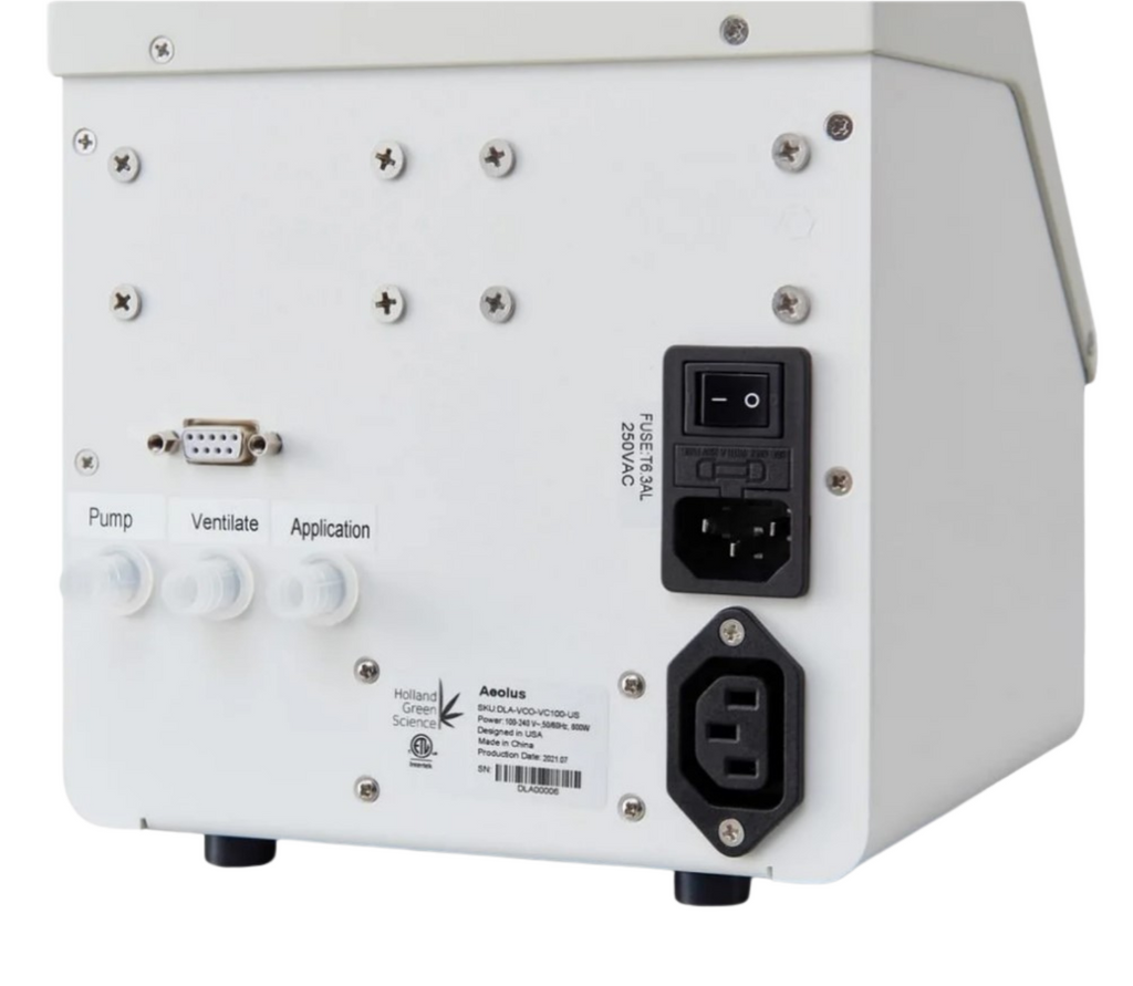 Back view of a white electronic device with various ports and labels on a white background