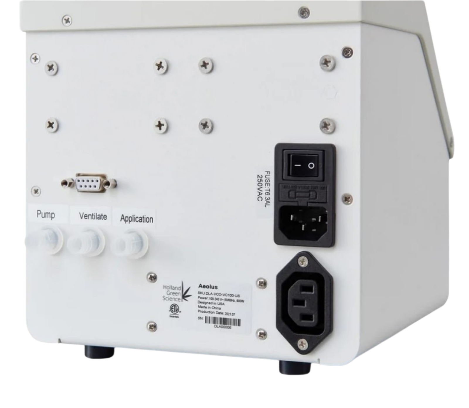 Back view of a white electronic device with various ports and labels on a white background