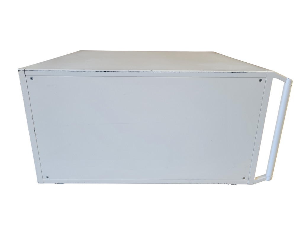 Rectangular metal box with a white background
