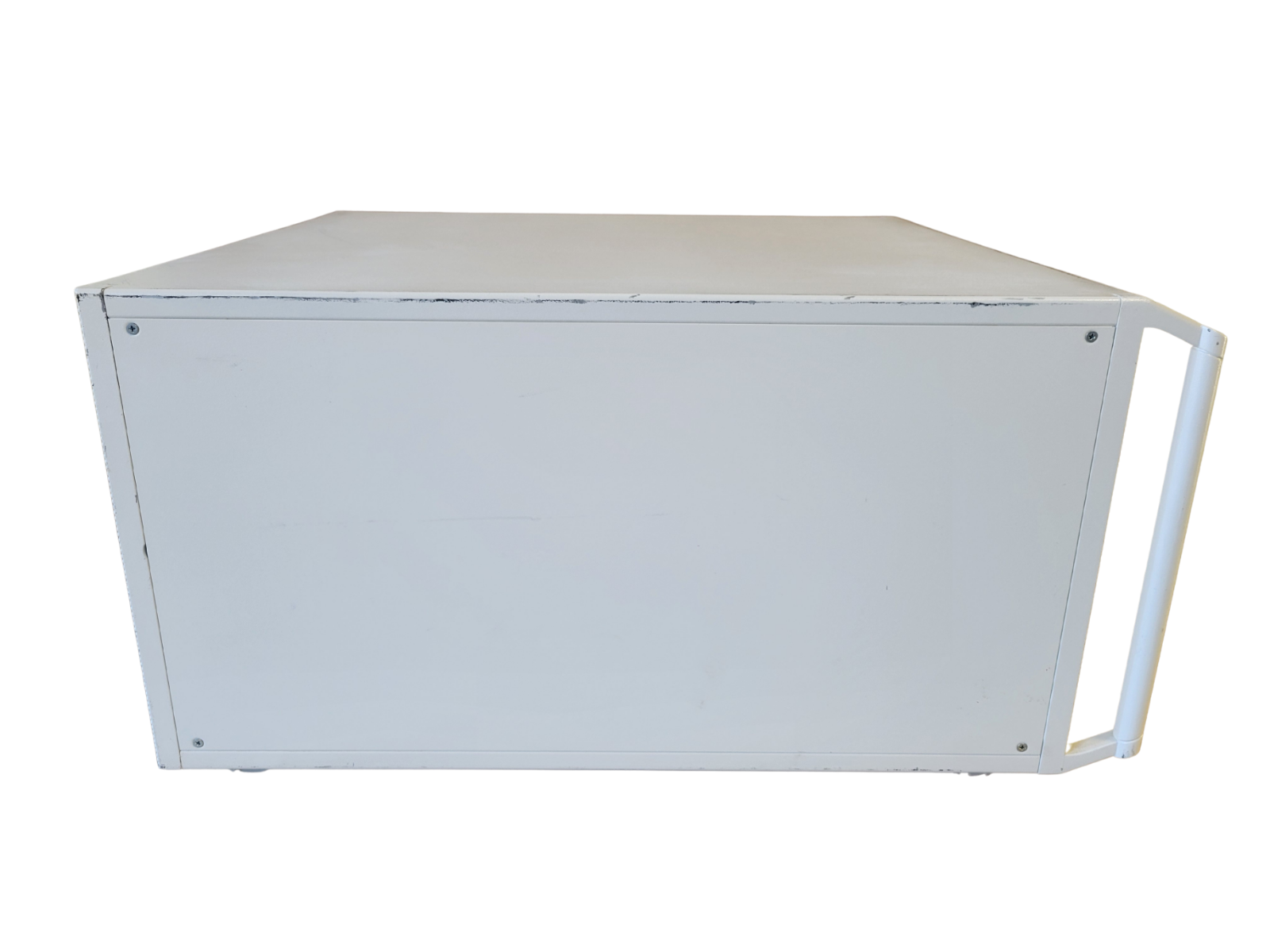 Rectangular metal box with a white background