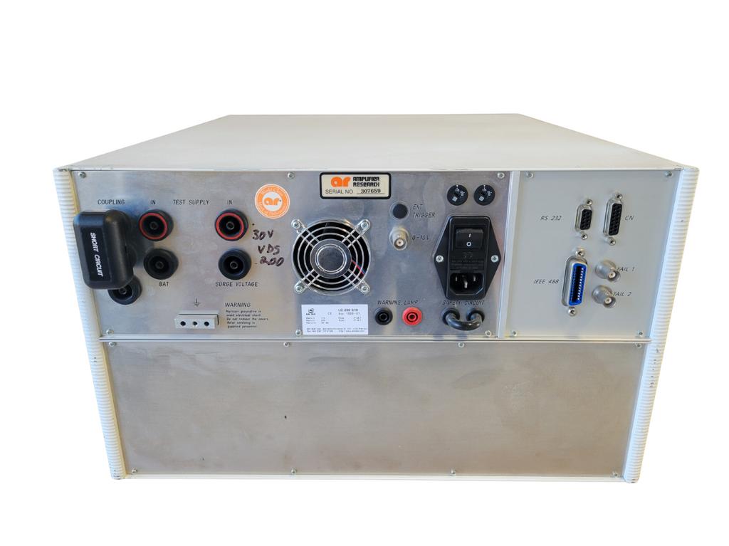 Back view of a electronic equipment box with various connectors and labels on a white background