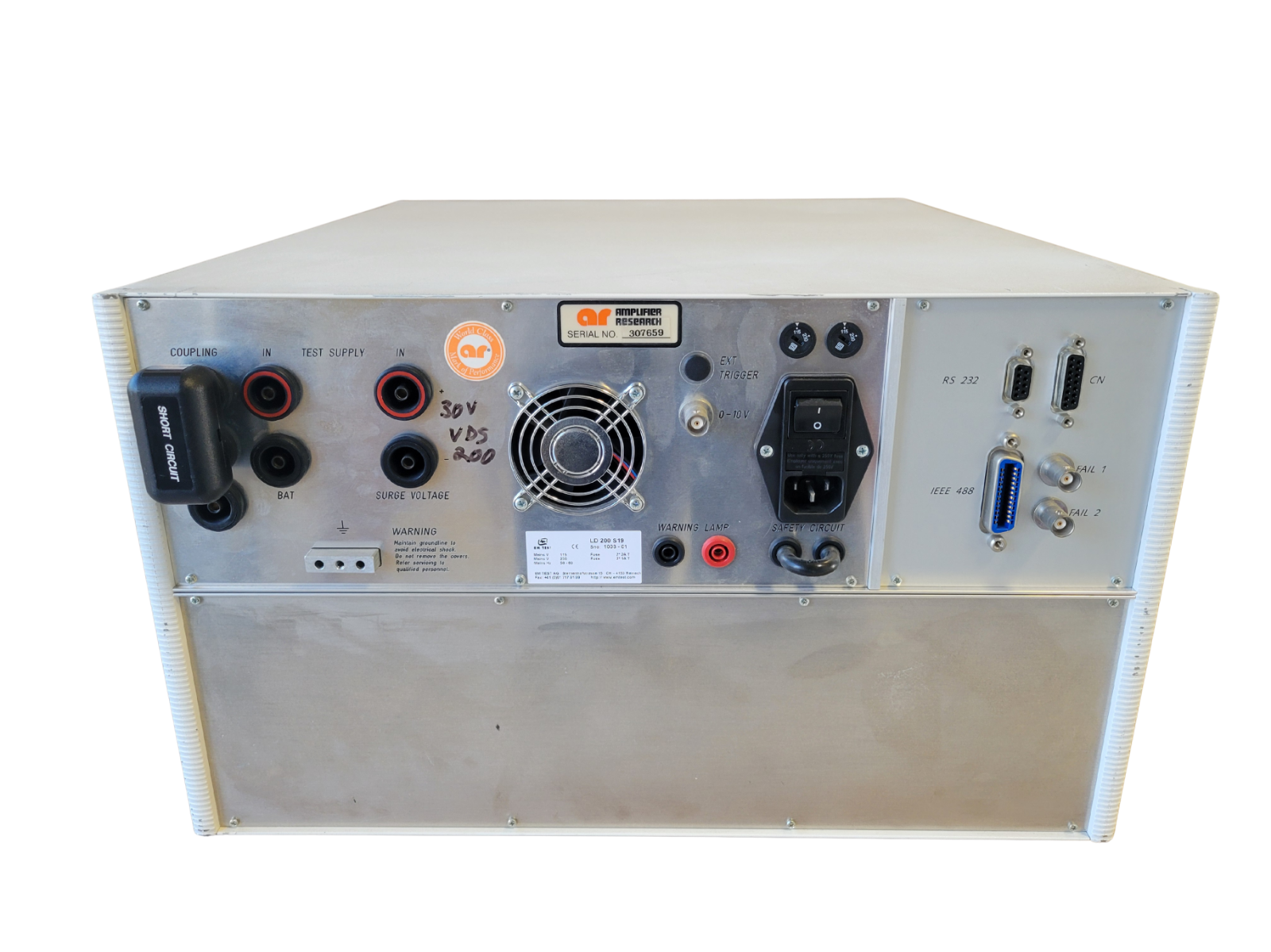 Back view of a electronic equipment box with various connectors and labels on a white background