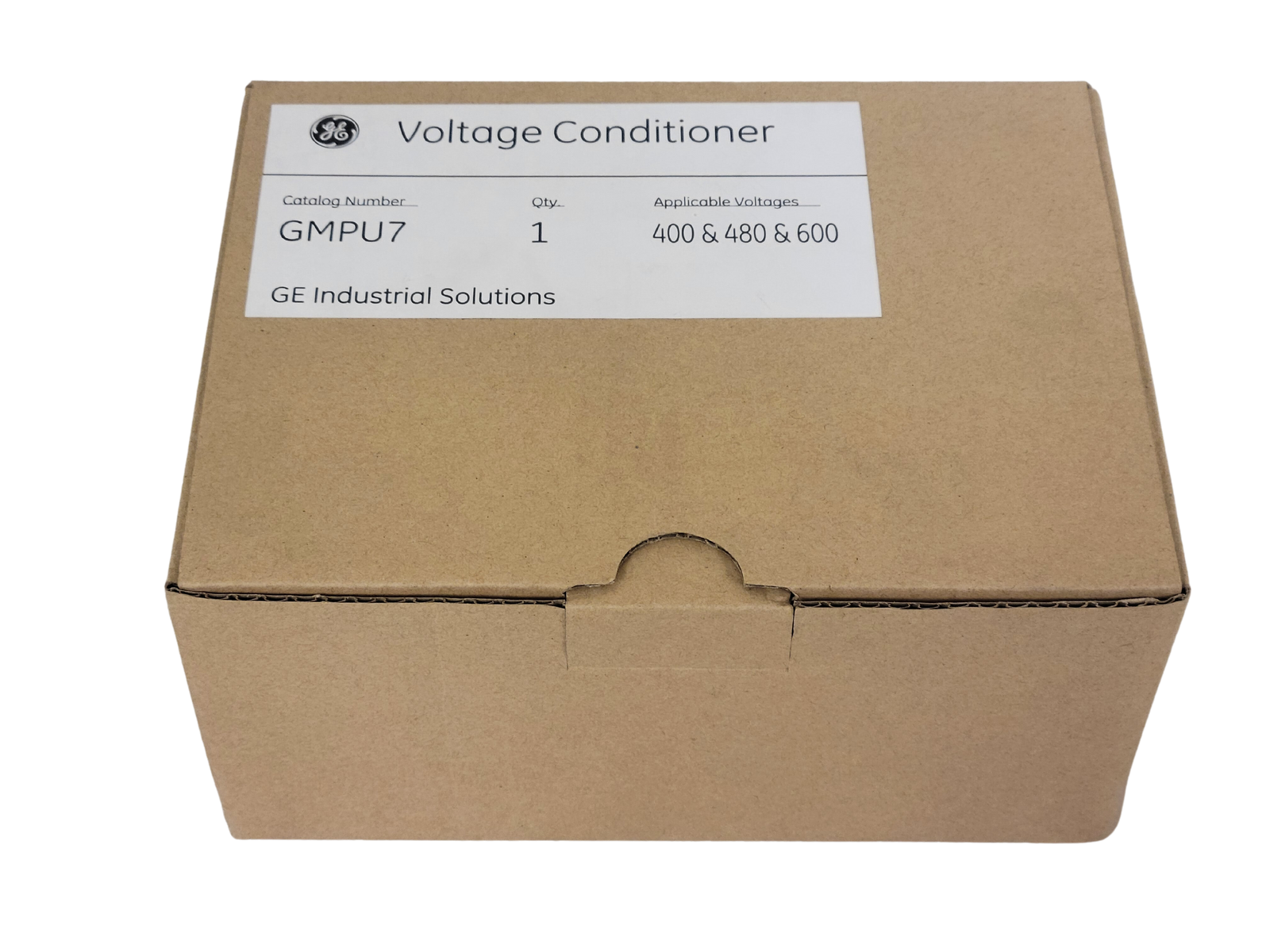 Cardboard box with GE Voltage Conditioner label on a white background