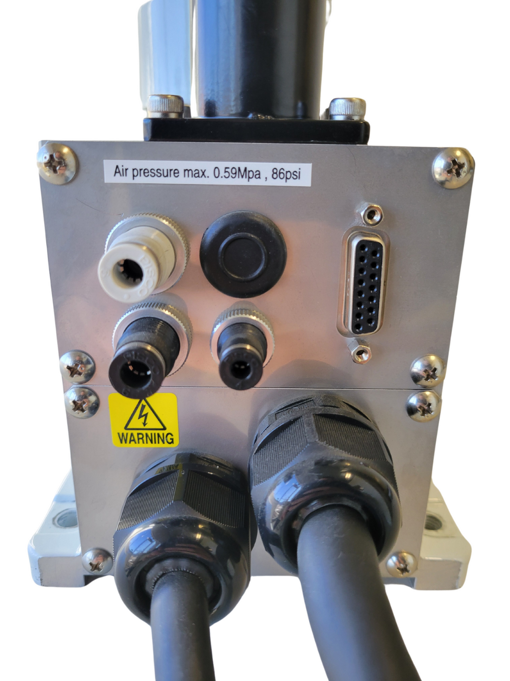 Metal control panel with various connectors and a warning label on a white background