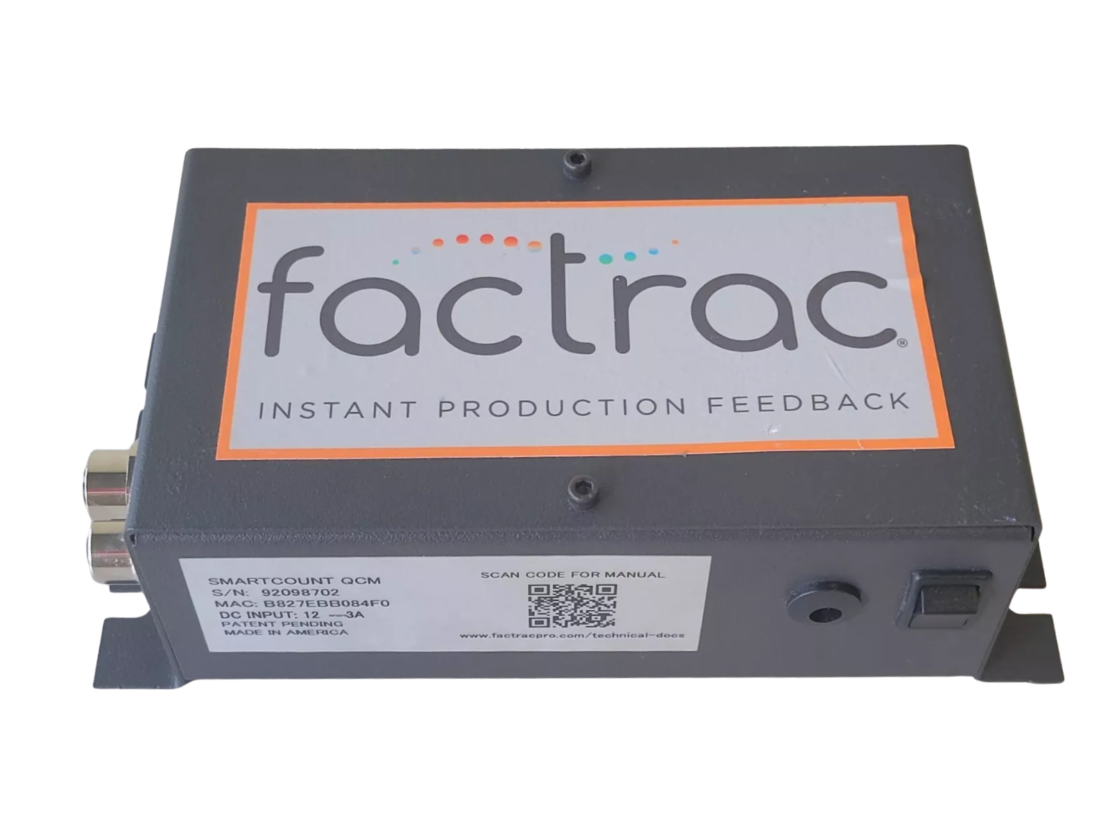 Factrac device for instant production feedback on a white background