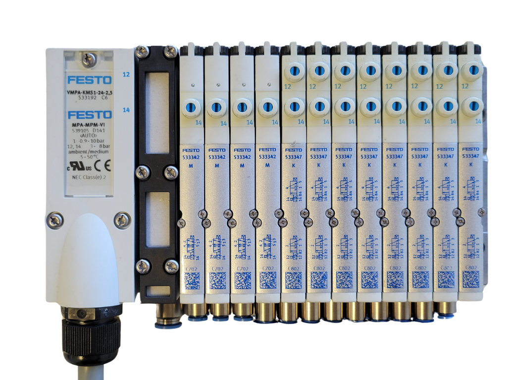 Festo industrial component with multiple identical parts on a white background