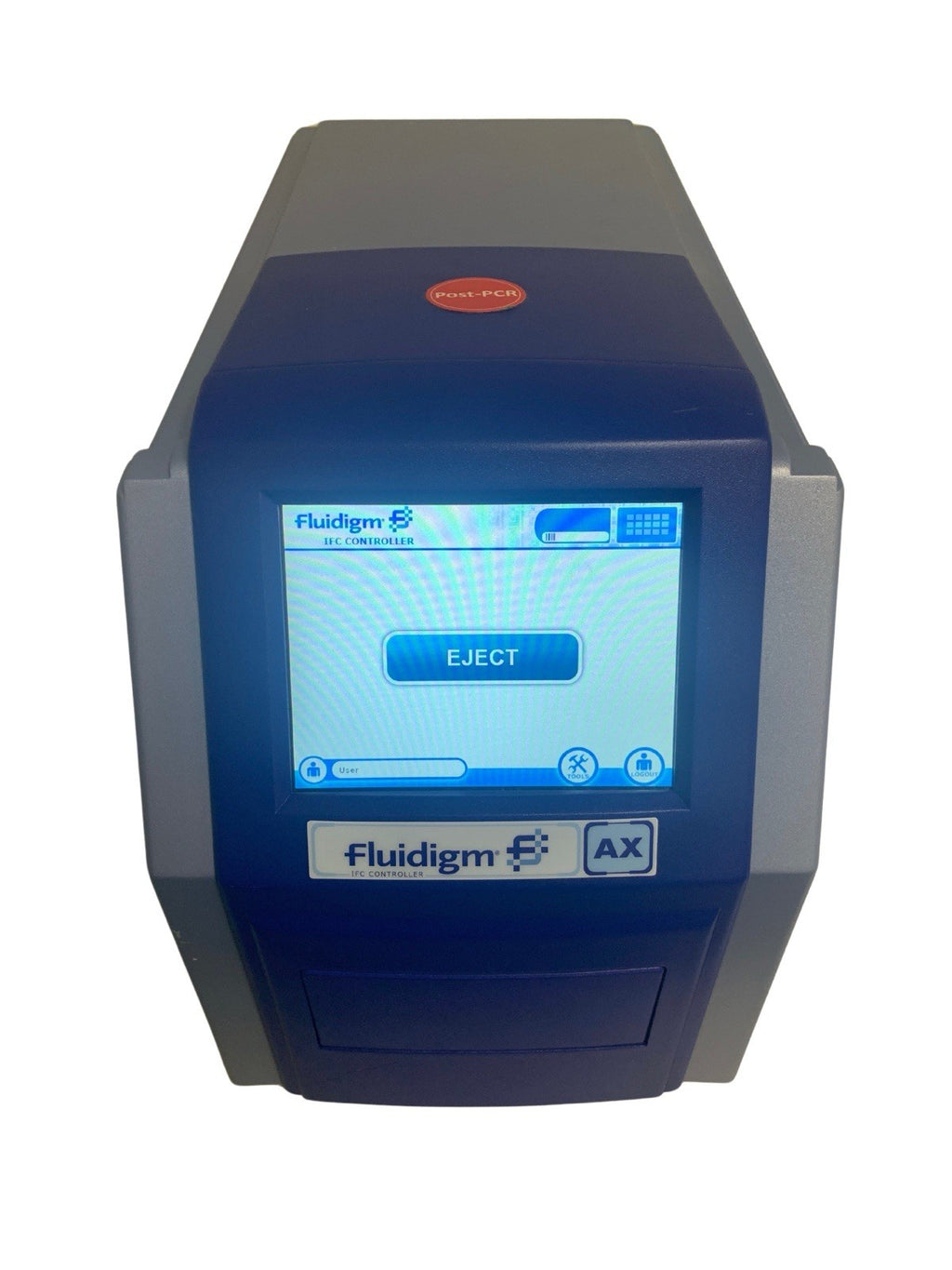 Fluidigm AX device with a blue screen on a white background