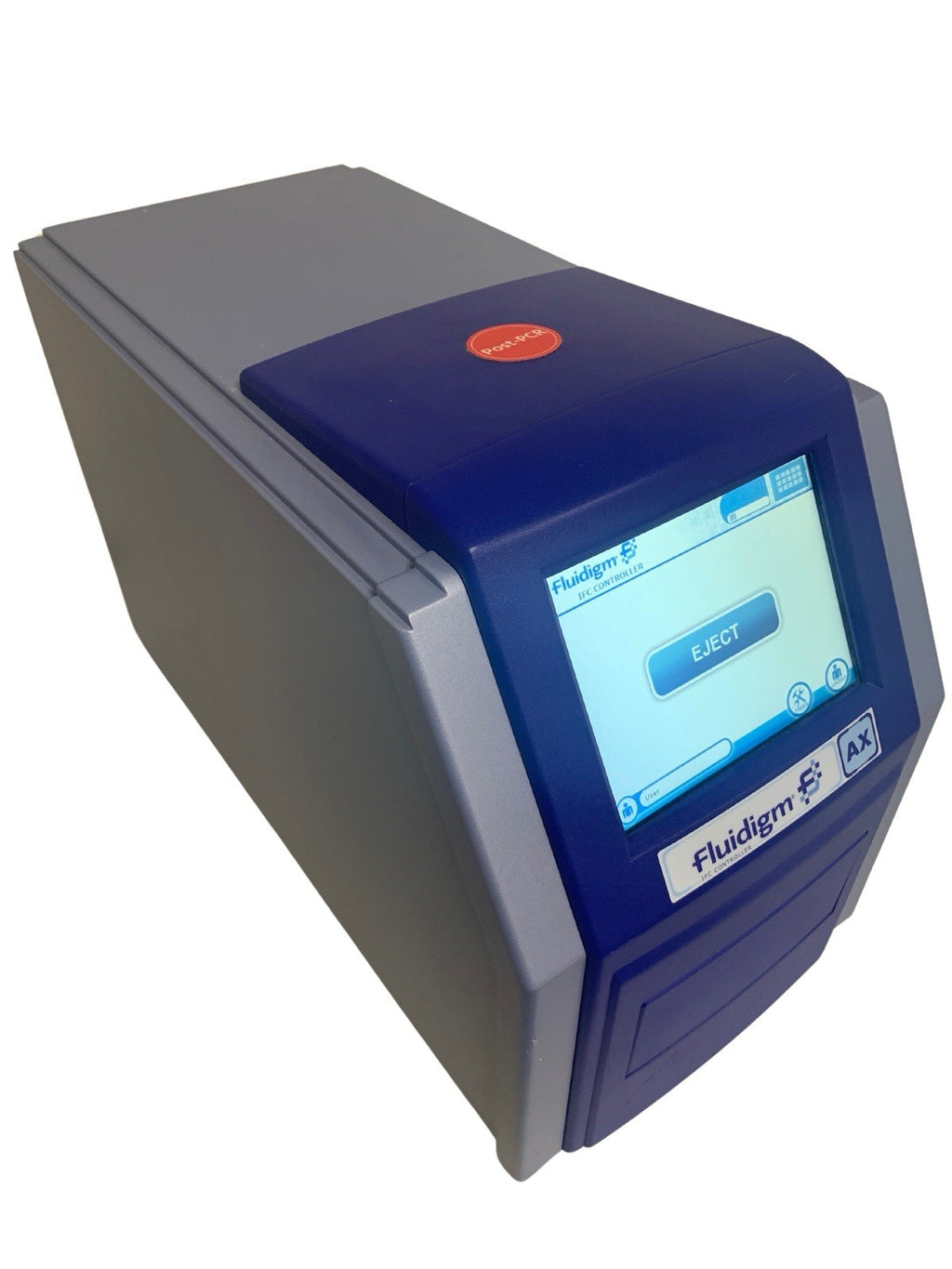 Fluigm device with blue and gray design on a white background