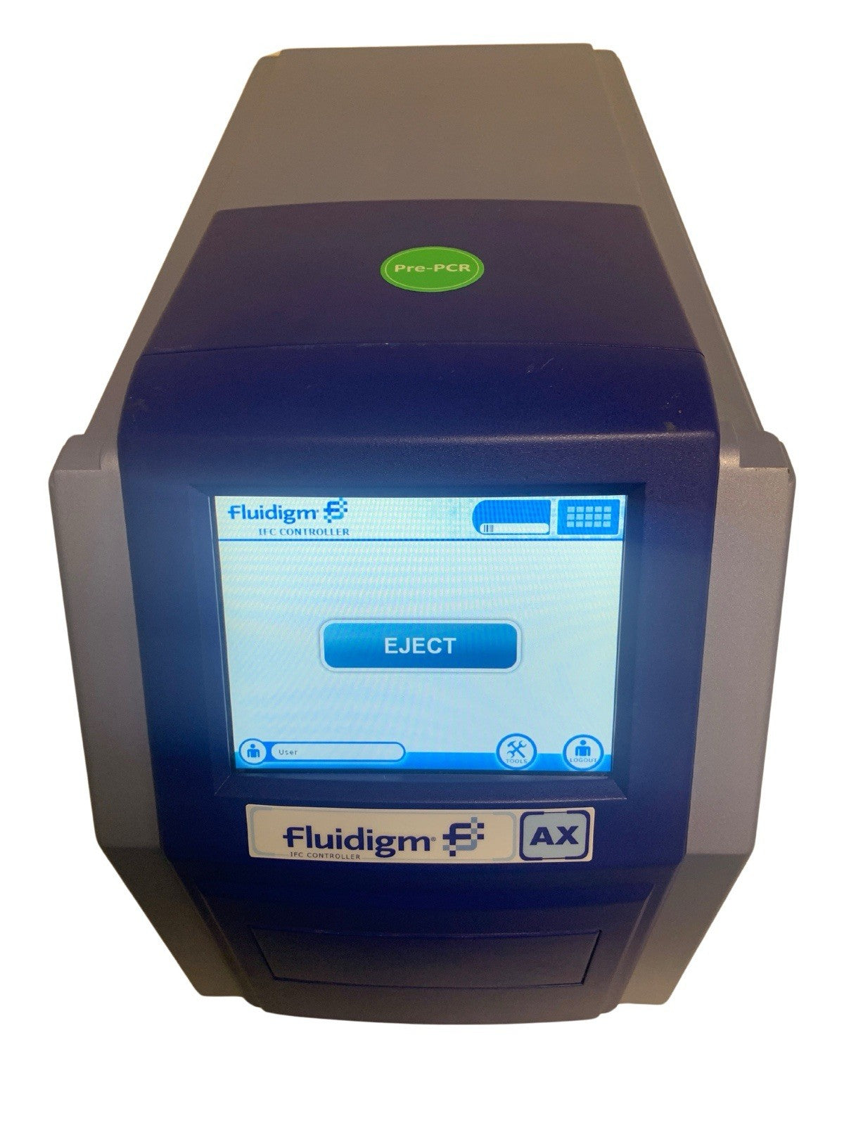 Fluidigm AX device with a screen displaying software interface on a white background