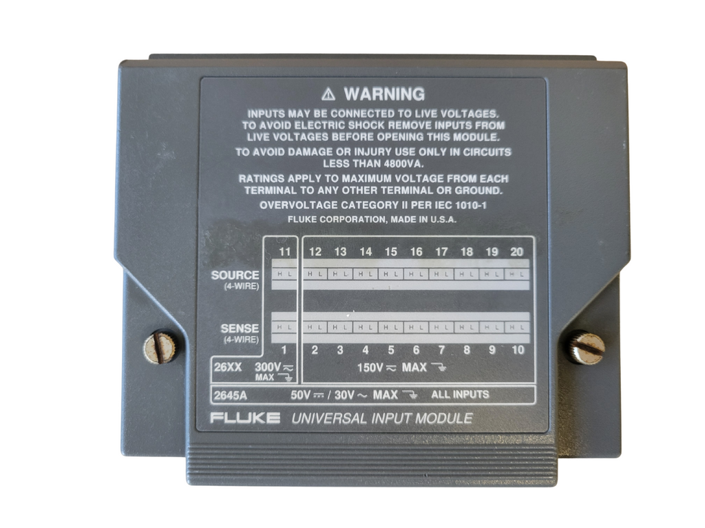 Fluke universal input module with warning label on a white background