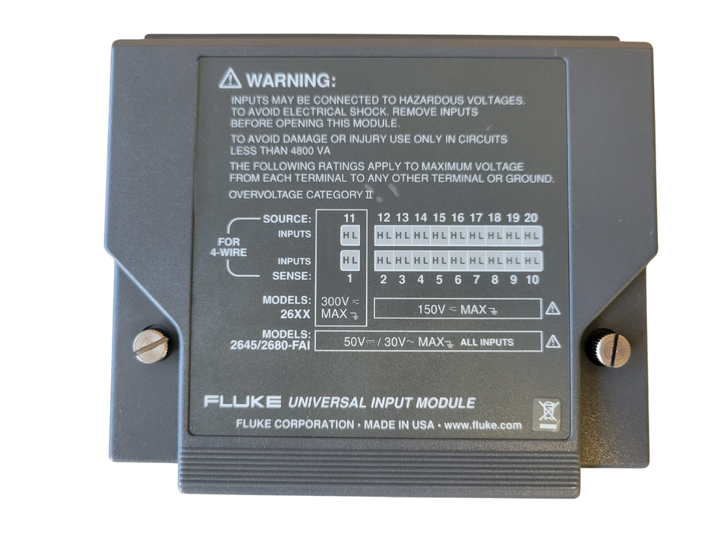 Fluke universal input module with warning label on a white background