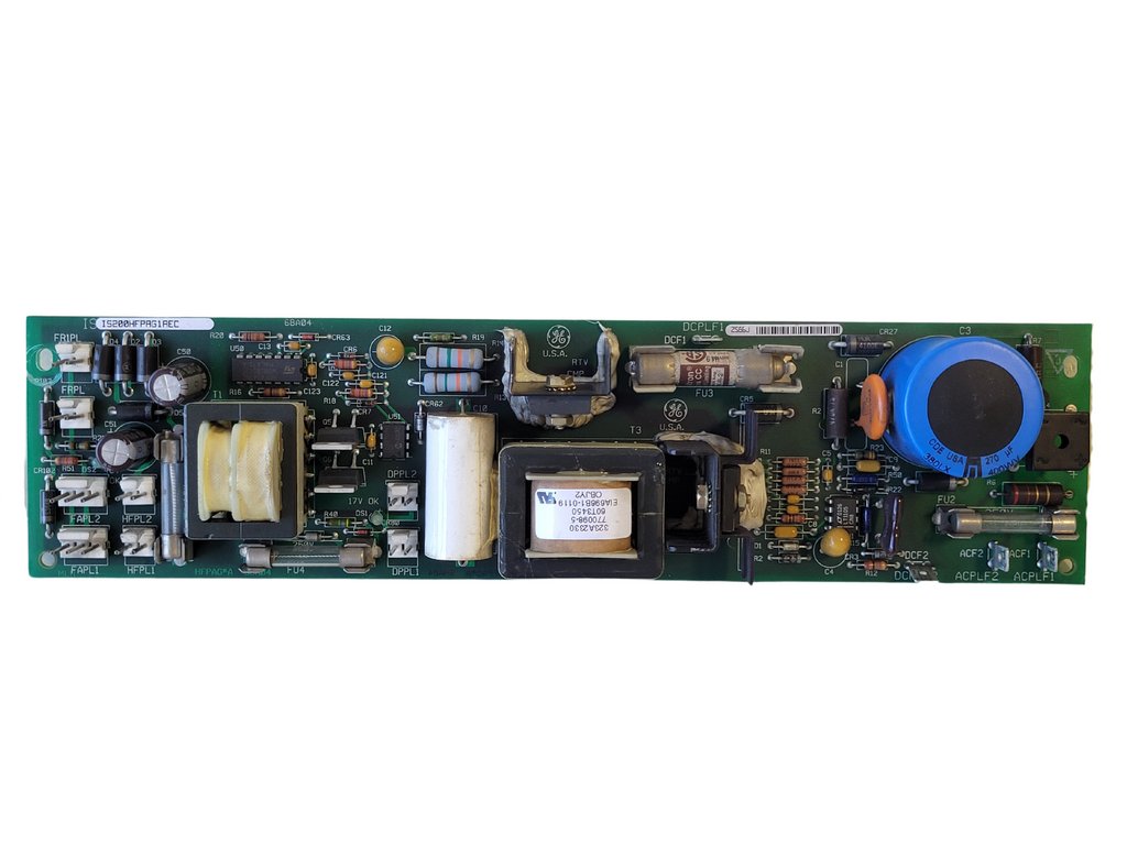 Electronic circuit board with various components on a white background