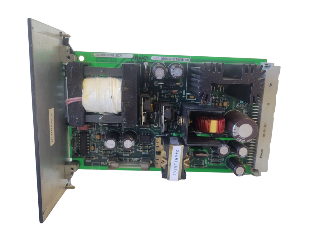 Electronic circuit board with various components on a white background