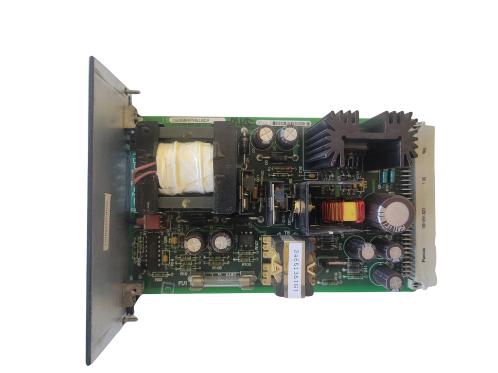 Electronic circuit board with various components on a white background