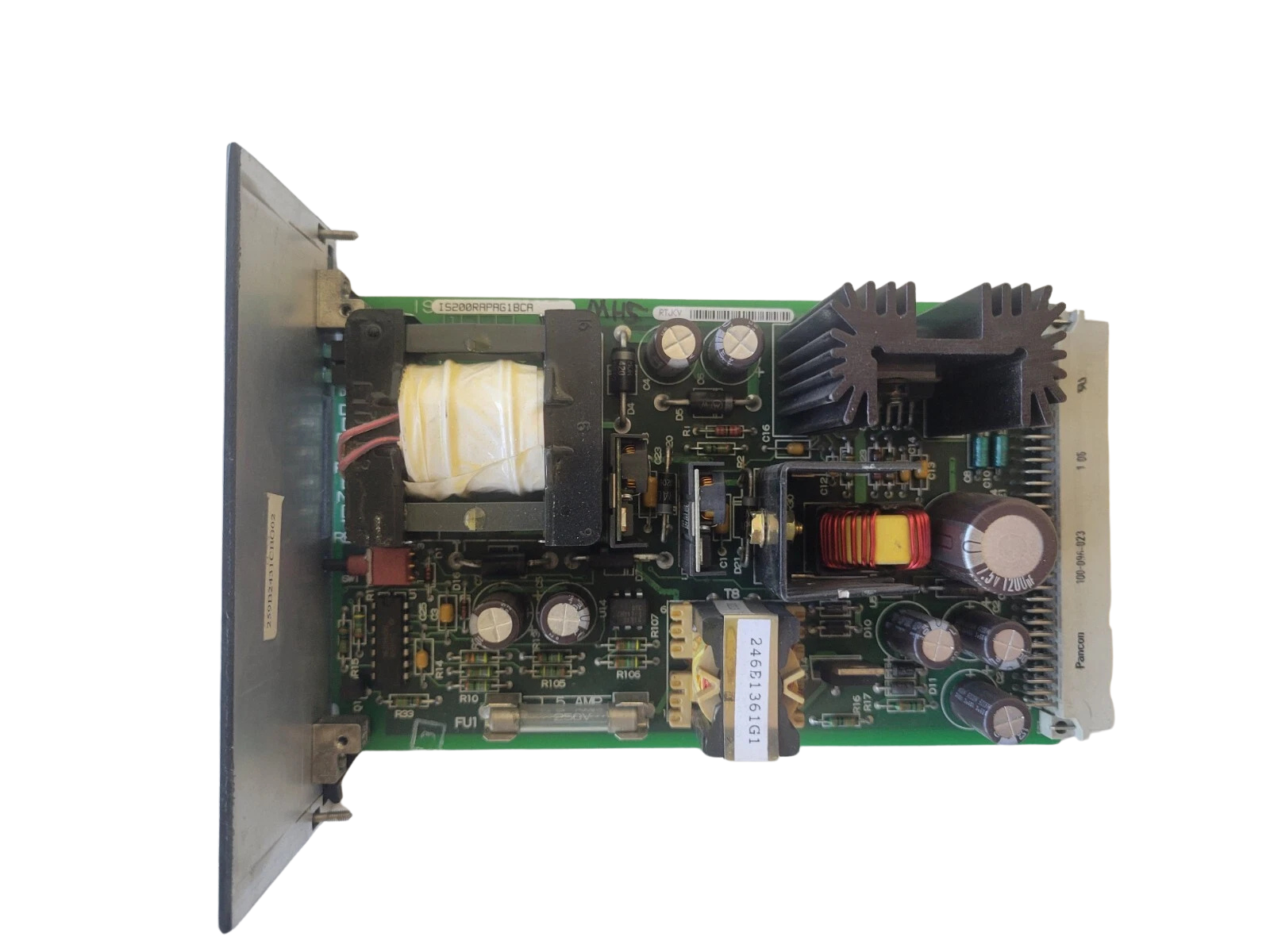 Electronic circuit board with various components on a white background