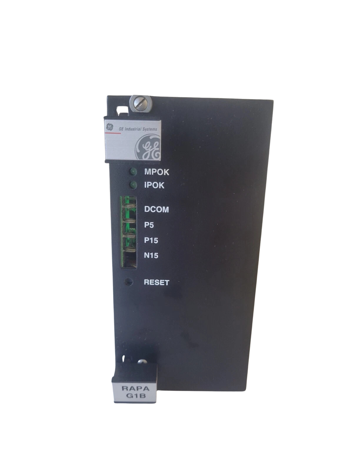 Black electronic module with GE logo on a white background