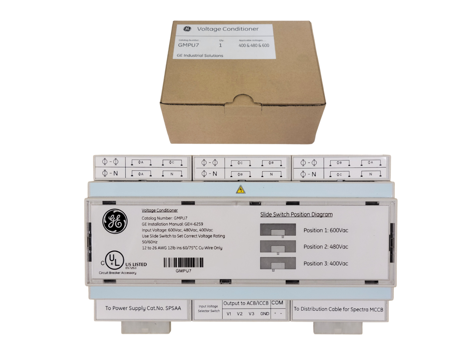 GE power supply unit with packaging on a white background
