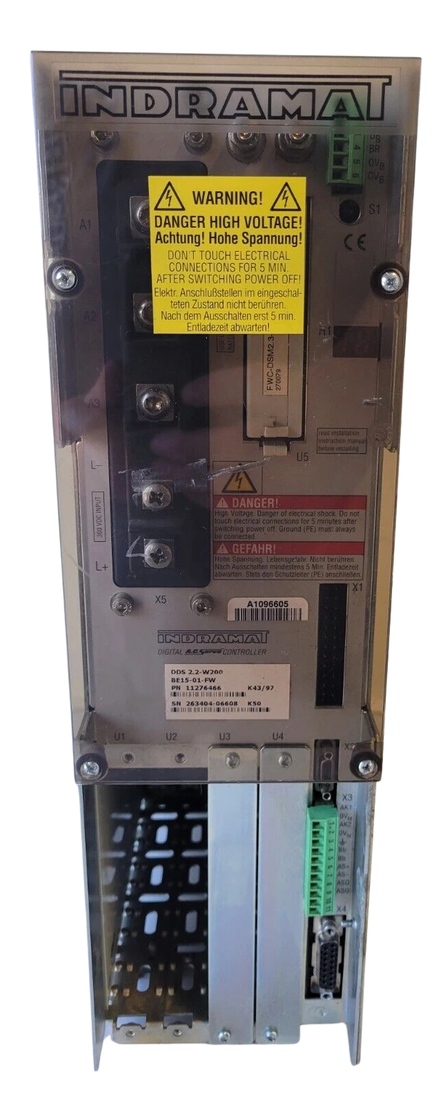 Indramat industrial component with warning labels on a white background