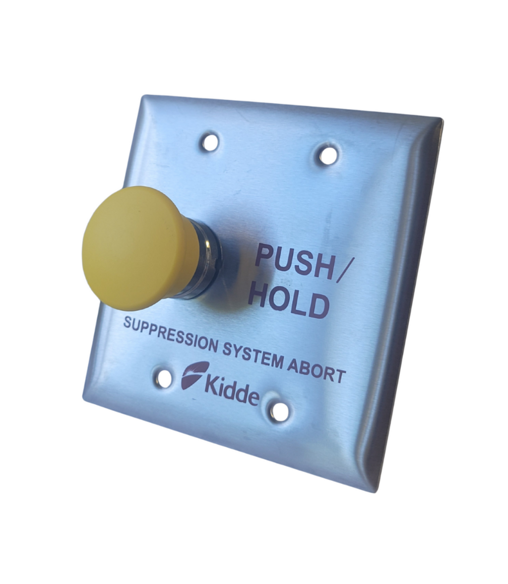 Push/pull button with 'PUSH/ HOLD' label on a metallic plate, featuring the Kidde logo.