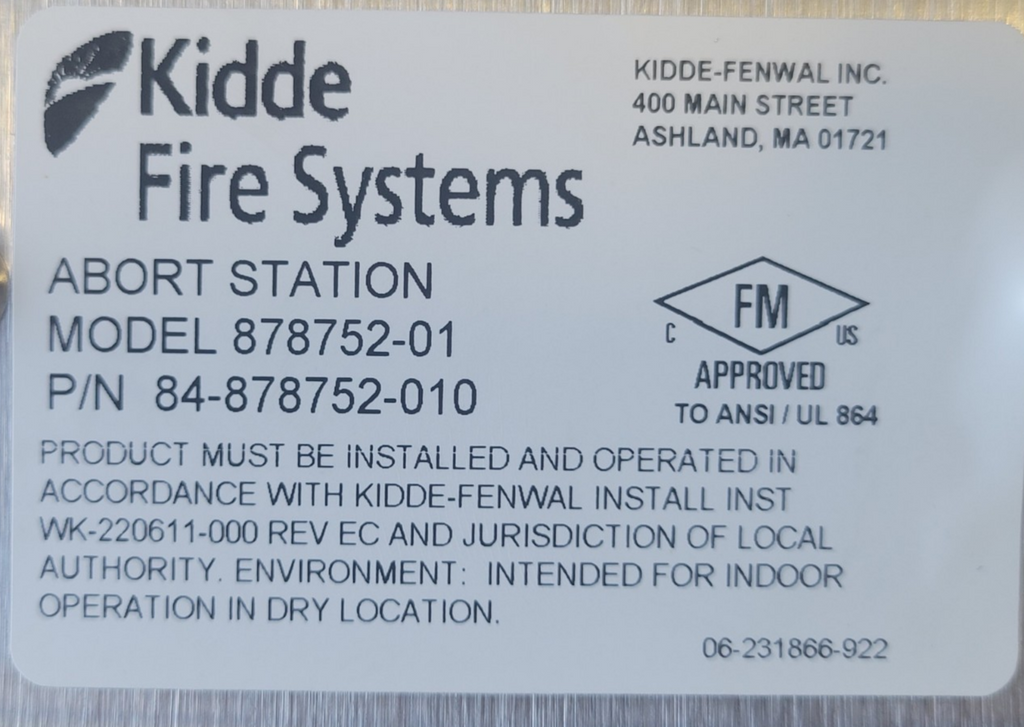 Kidde Fire Systems abort station label with specifications and approval details.