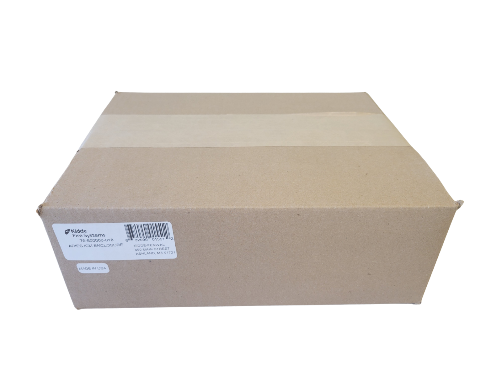 Brown cardboard box with a label on a white background