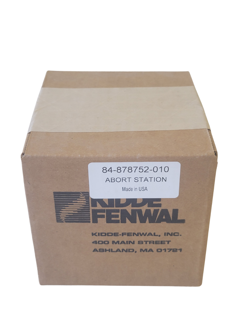 Cardboard box with Kiddle Fenwal label on a white background