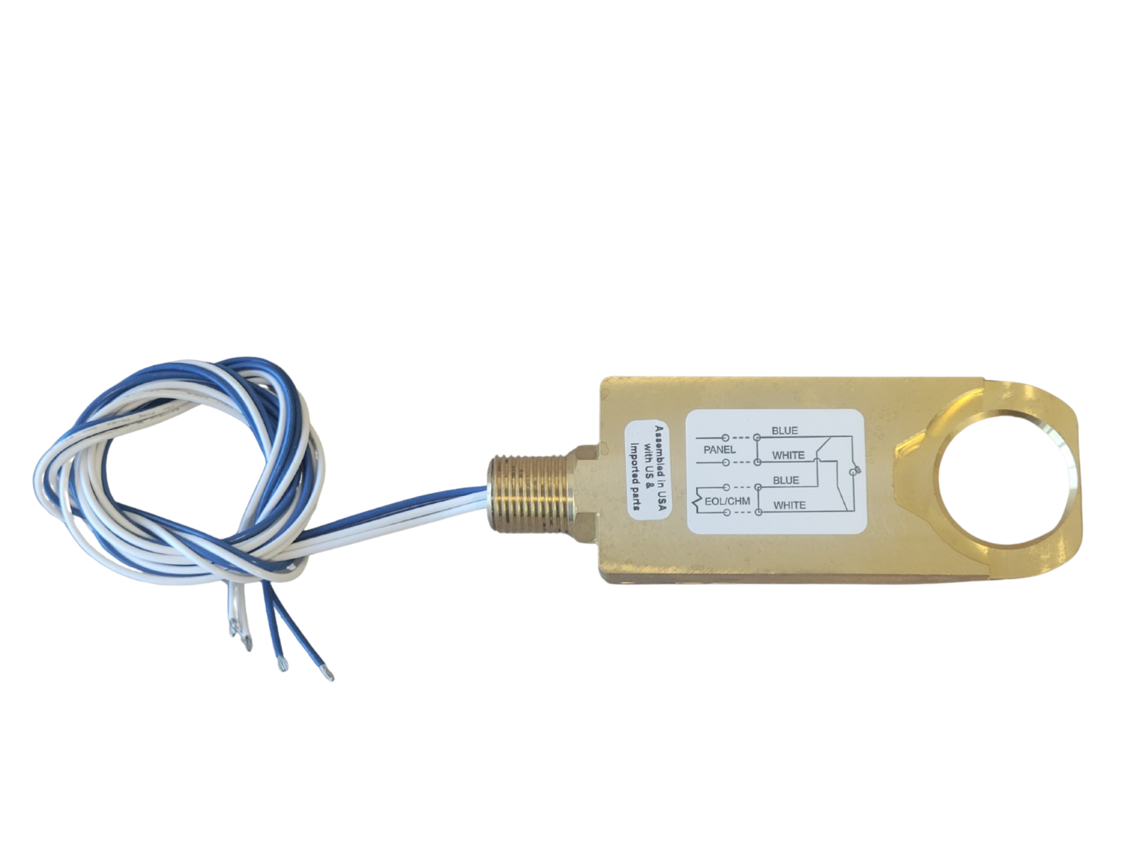 Brass load cell with wiring on a white background