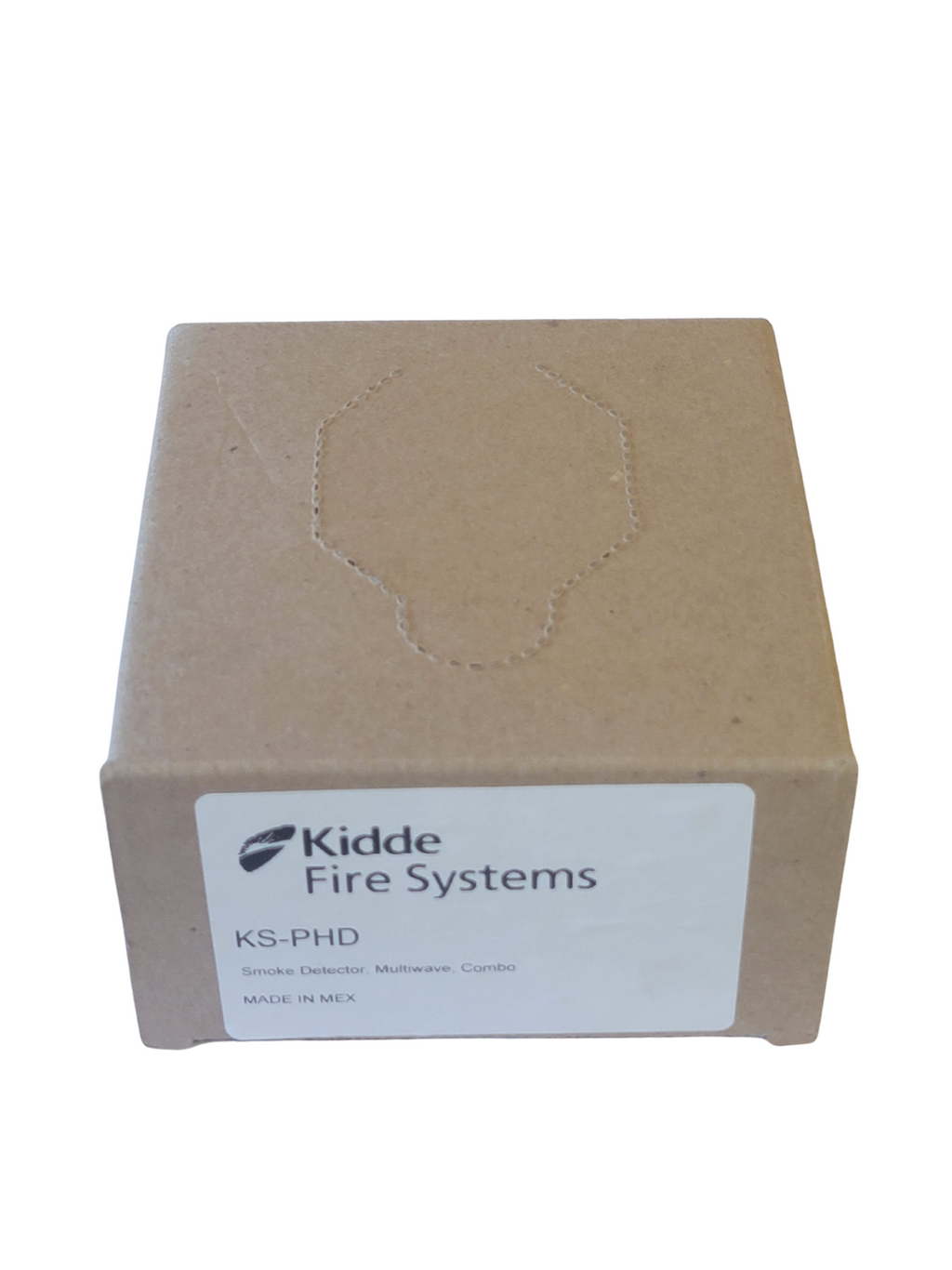 Cardboard box with a Kidde Fire Systems label on a white background