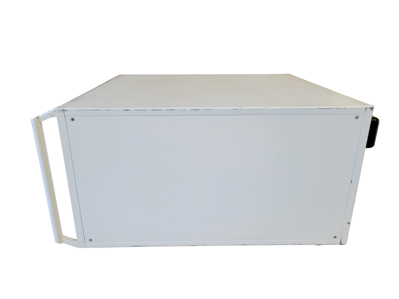 White metal box with a flat top on a white background