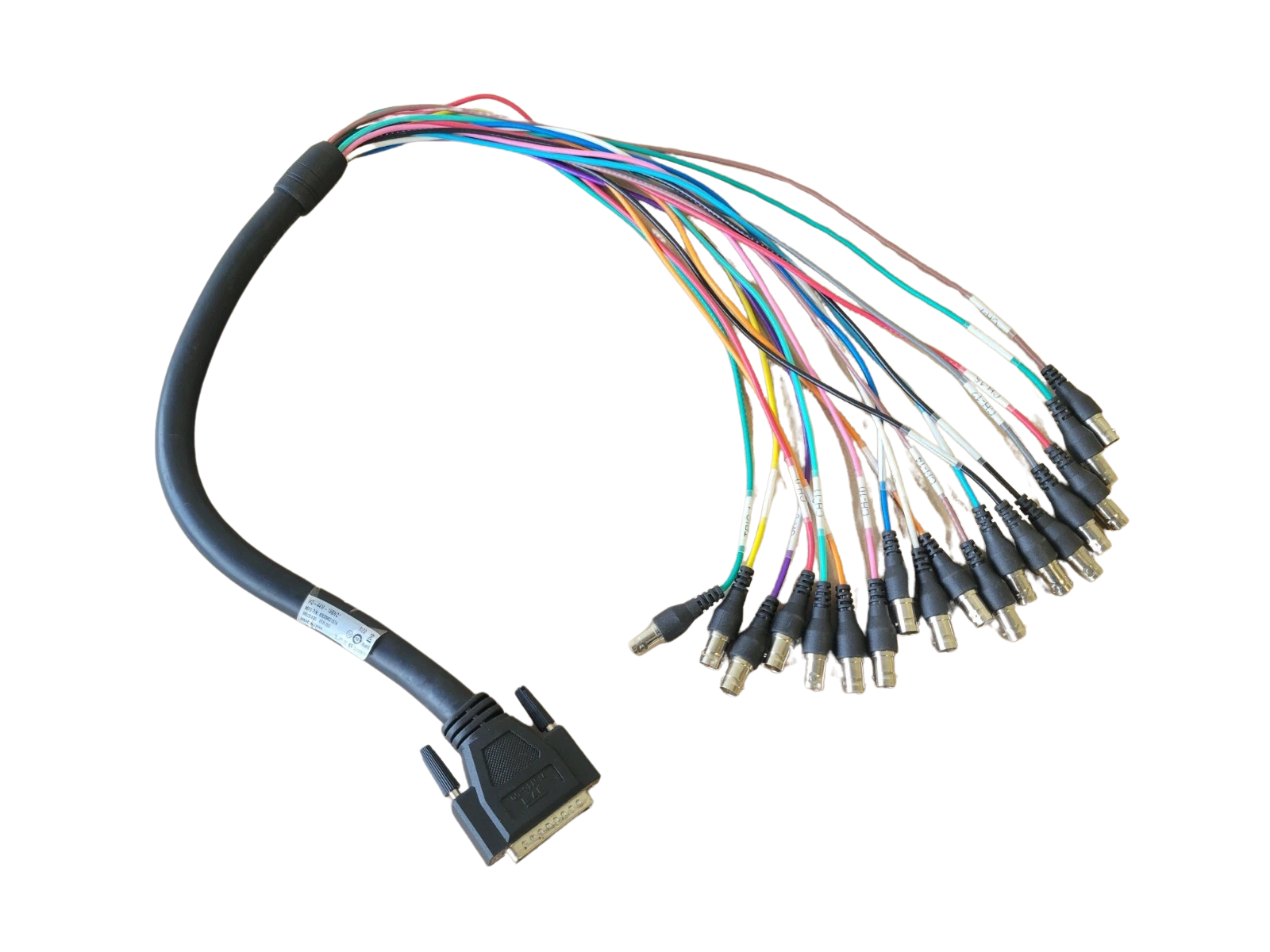 Multicolored cable with multiple connectors on a white background