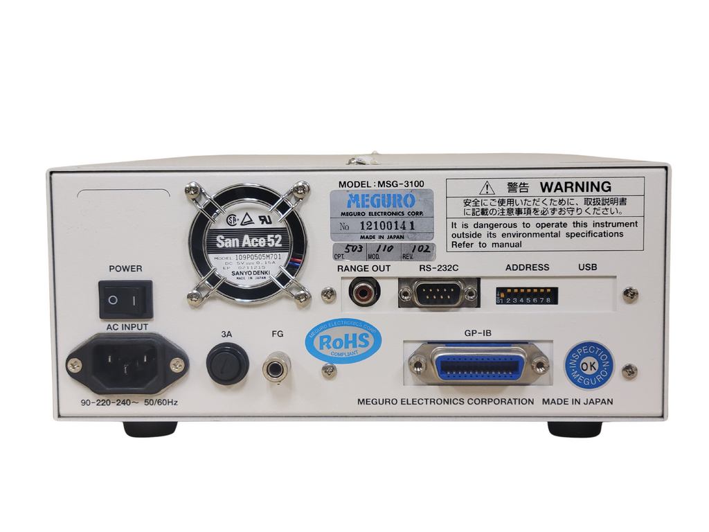 Back view of a Meguro electronic device with various ports and labels on a white background