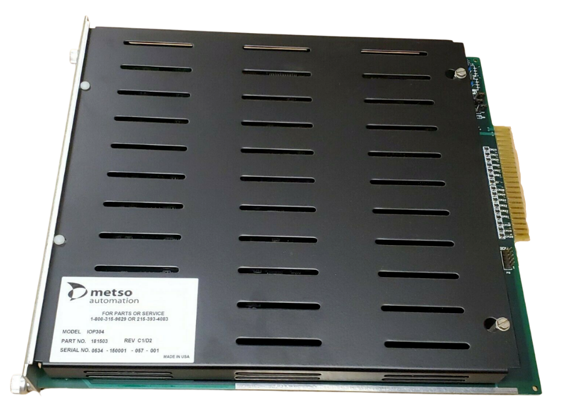 Metso Automation industrial component with cooling fins on a white background