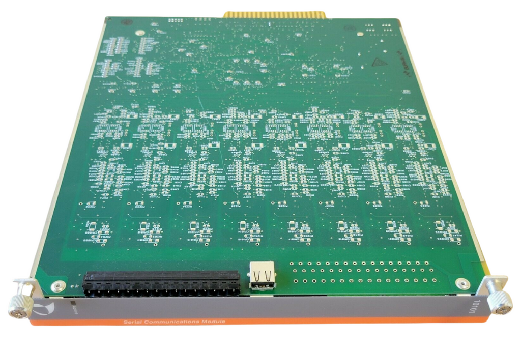 Green electronic circuit board with various components on a white background