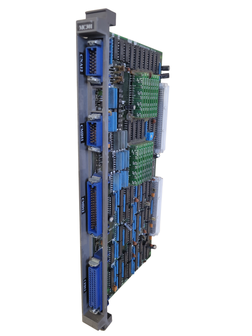 Electronic circuit board with various connectors on a white background