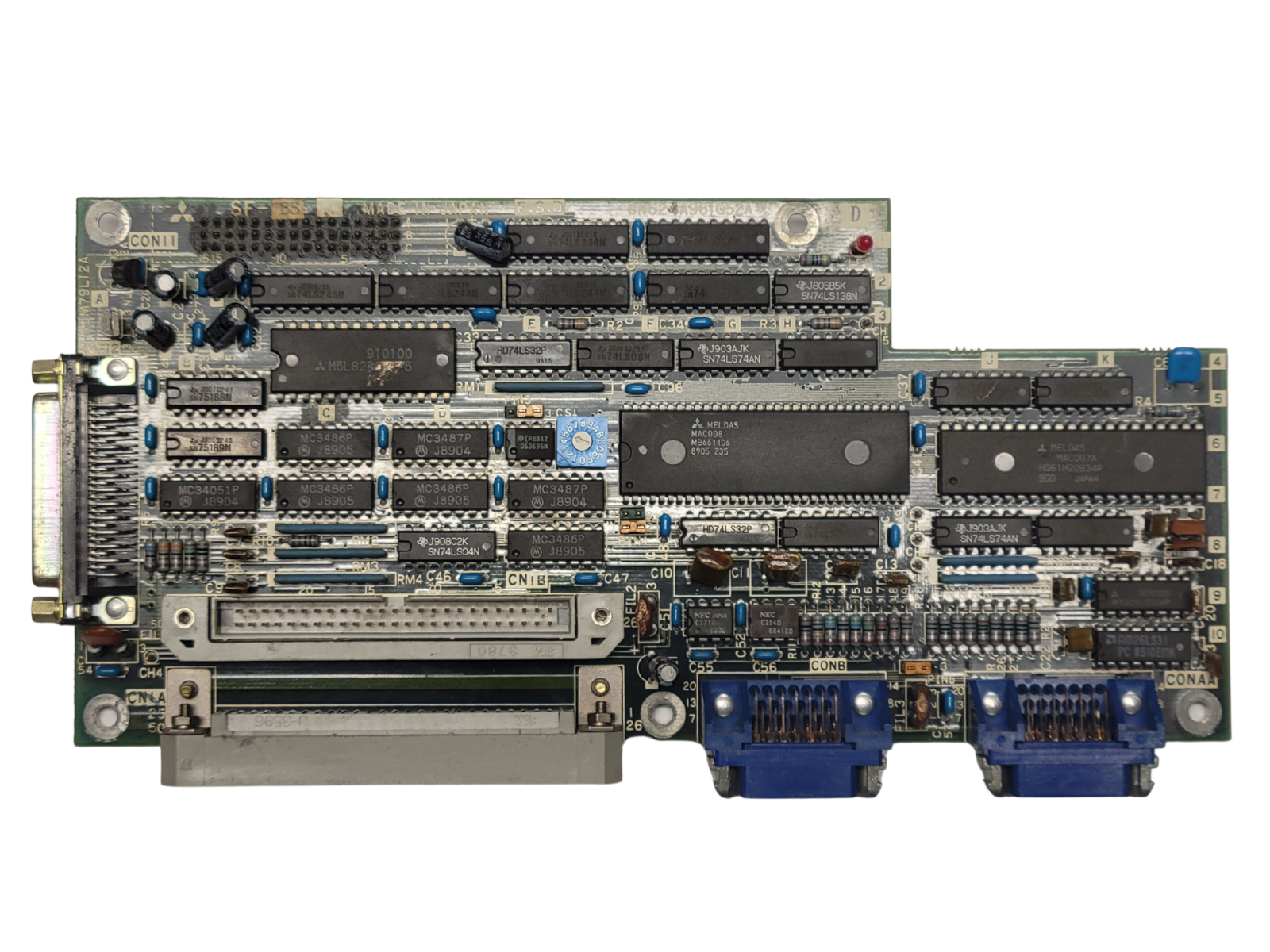 Computer motherboard with various components on a white background