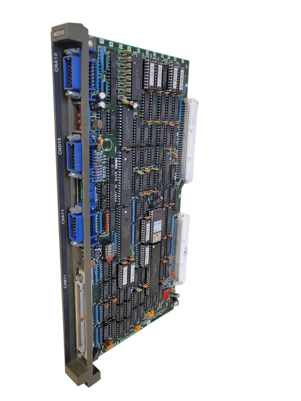 Electronic circuit board with various components on a white background