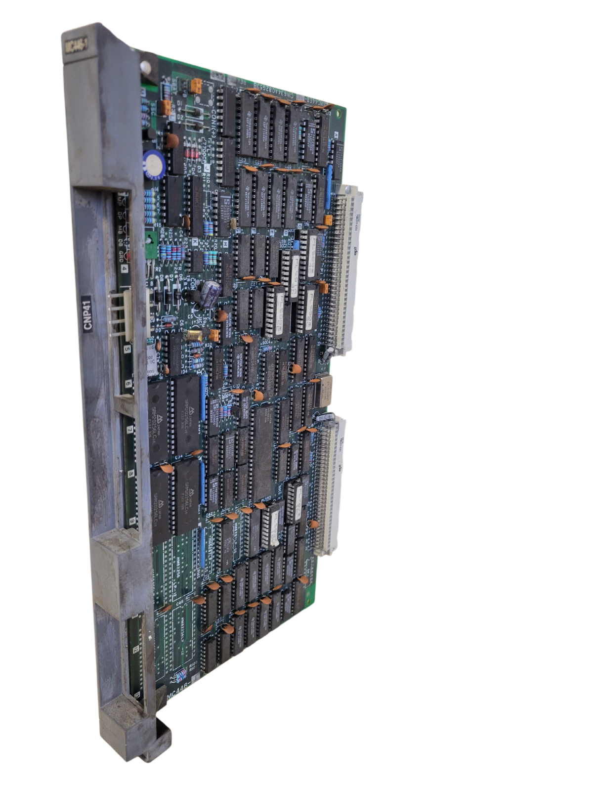 Electronic circuit board with various components on a white background