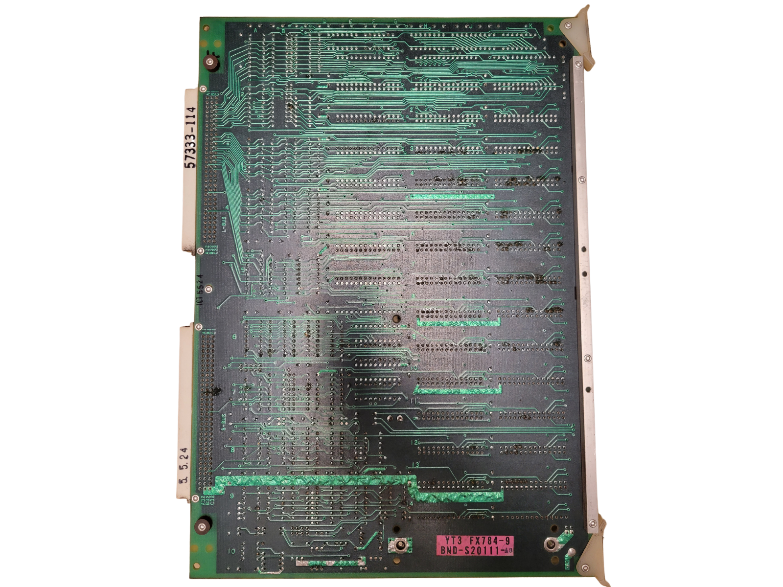 Electronic circuit board with intricate wiring on a white background