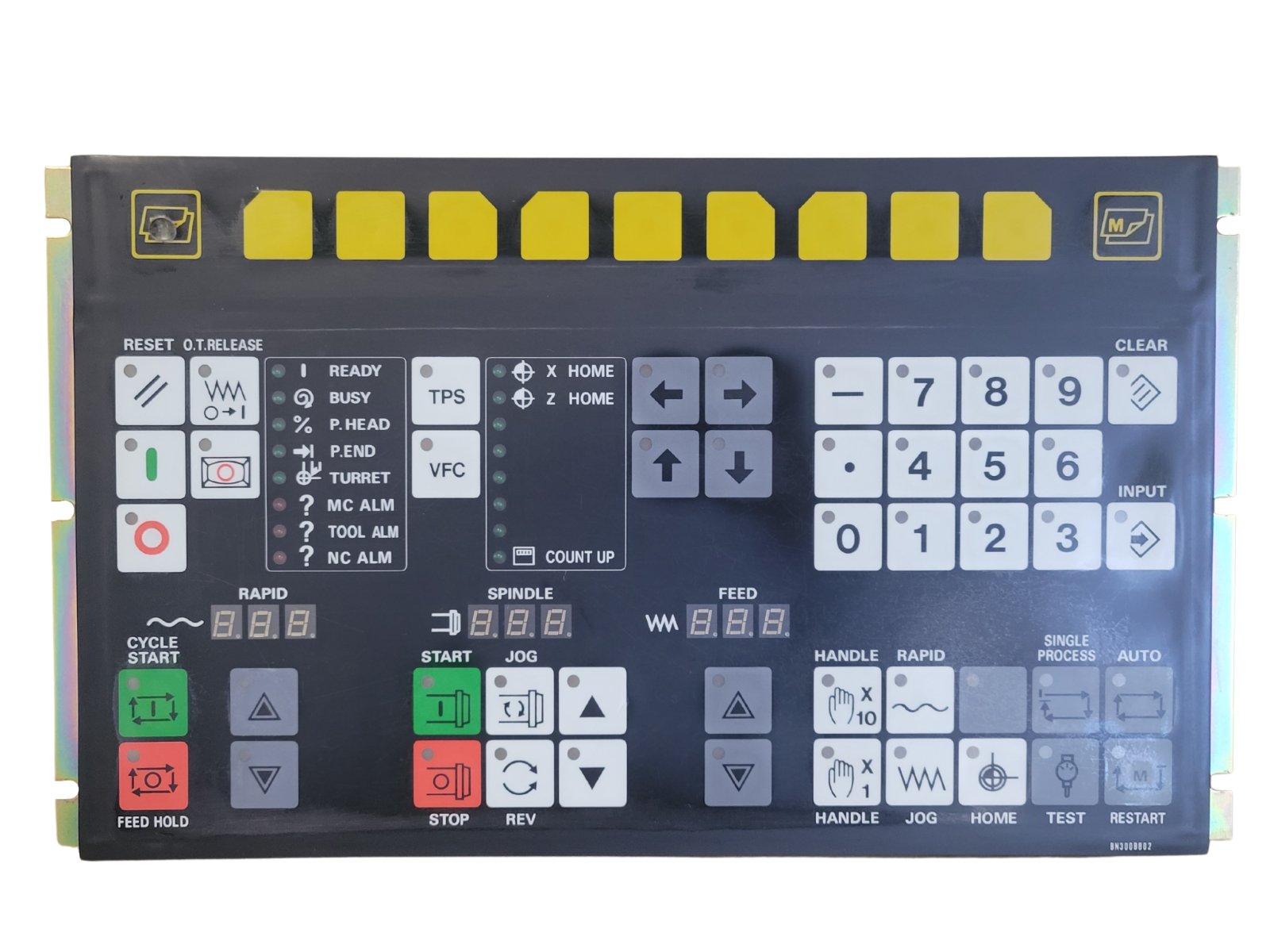 Control panel with various buttons and displays on a white background