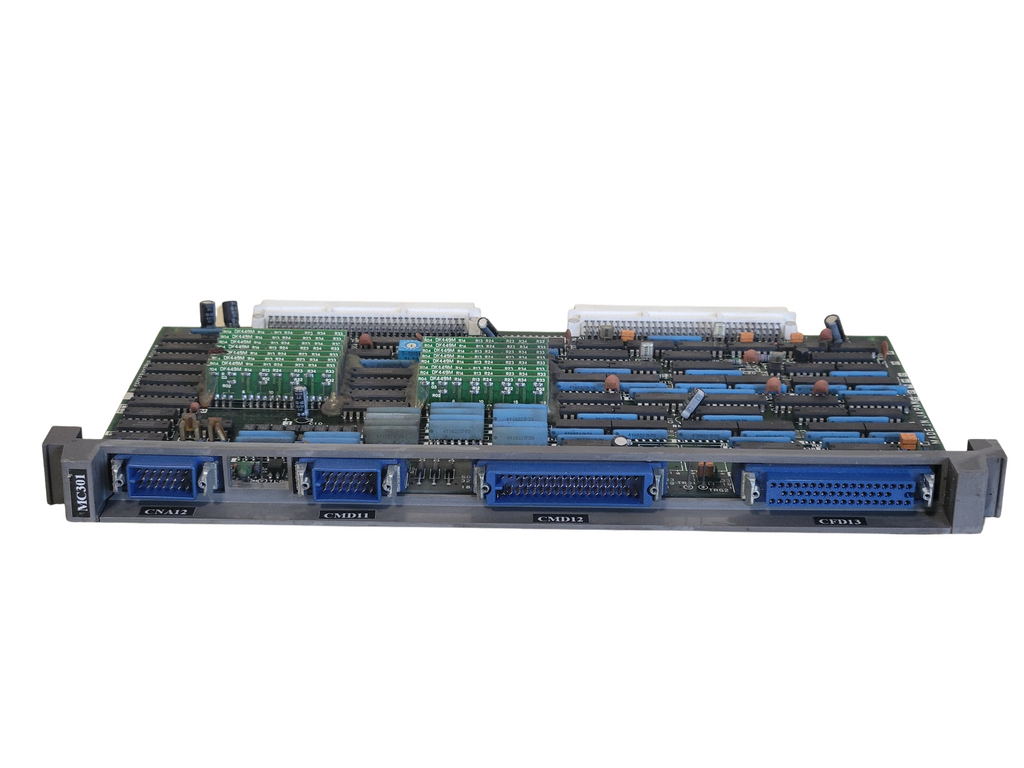 Computer motherboard with various connectors on a white background